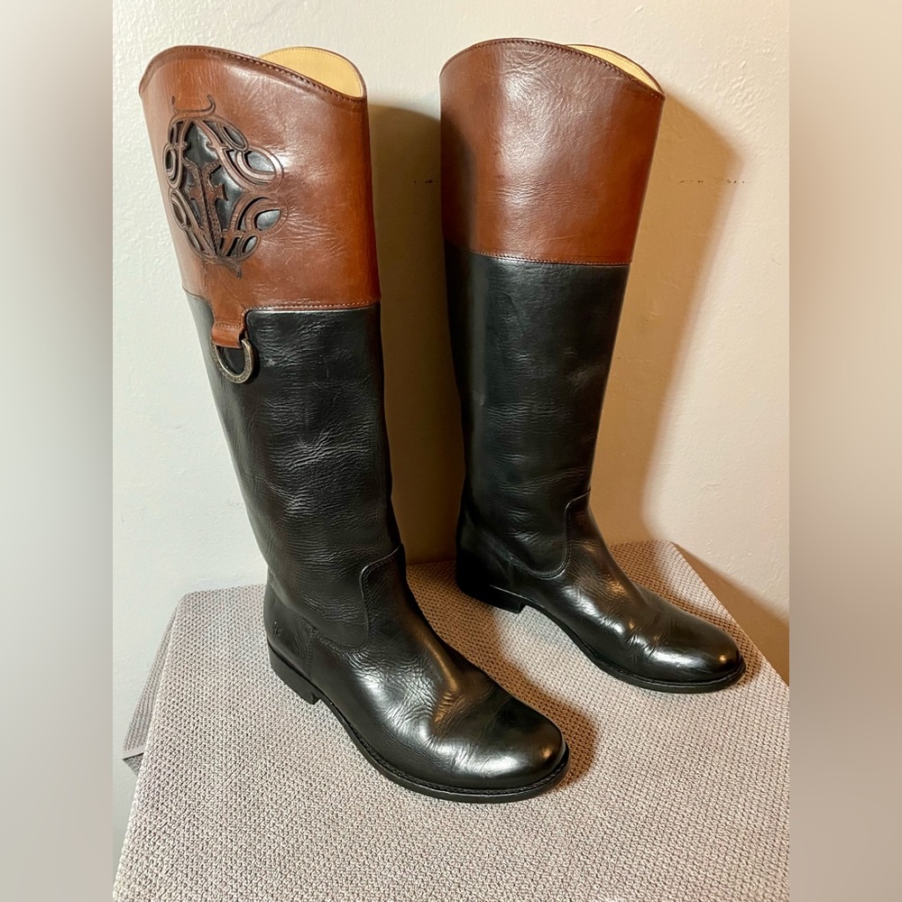 Frye Women’s Tall Riding Boots Size 7.5B Black and Cognac Brown Leather